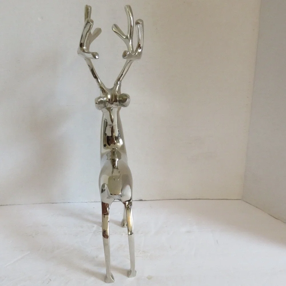 Modern Silver Polished Metal Reindeer Figurine 14 Inch Holiday Decor Stag Buck